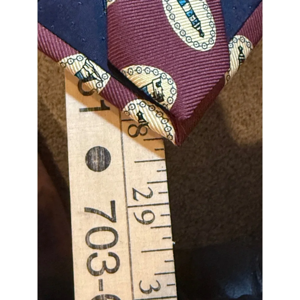 Burberrys of London Mens Silk Tie Burgundy Lighthouse Nautical Hand Sewn USA